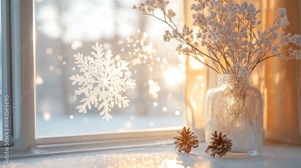 Poster frost snowflake on the mirror window panes create a essence of chrismas and winter mood and tone at 