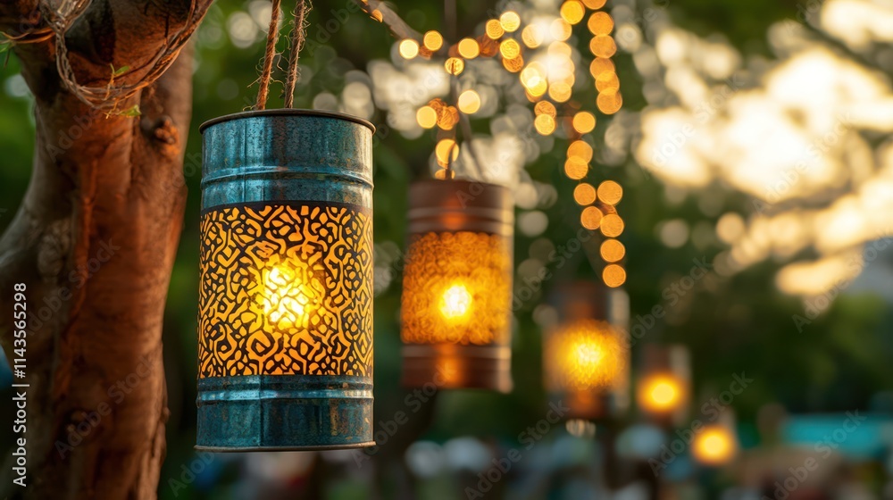 Aufkleber decorative lanterns hang from branches, casting a warm glow amidst soft bokeh lights, creating a ser