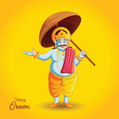 Illustration of King Mahabali, Kathakali dancer in Onam traditional festival background showing the culture of Kerala, South India.  South Indian Kerala festival happy onam greetings background.