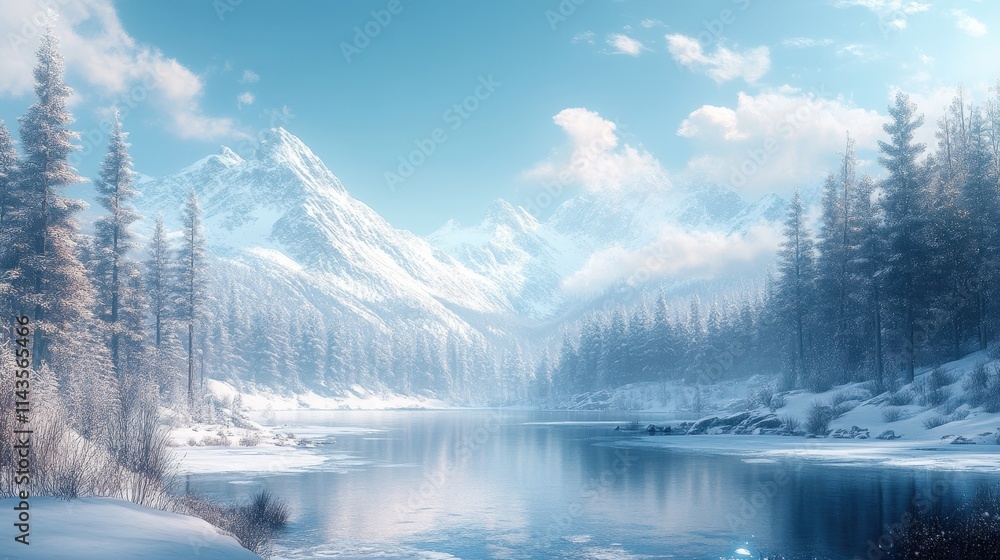 Poster pristine snowy landscape with pine trees and a frozen lake.