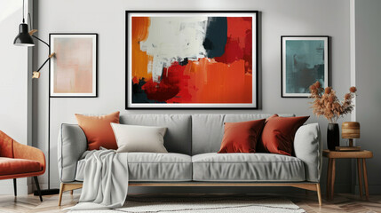 Large framed poster above a modern sofa, cozy atmosphere, perfect for contemporary home art displays