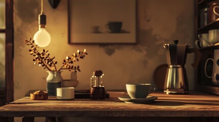 Lifestyle-themed poster mockup in a warm interior, surrounded by daily-use items, cozy lighting
