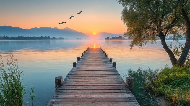 Zoom Virtual Background: Serene sunrise over a lake with a wooden pier and flying birds. Sunshine Wallpaper