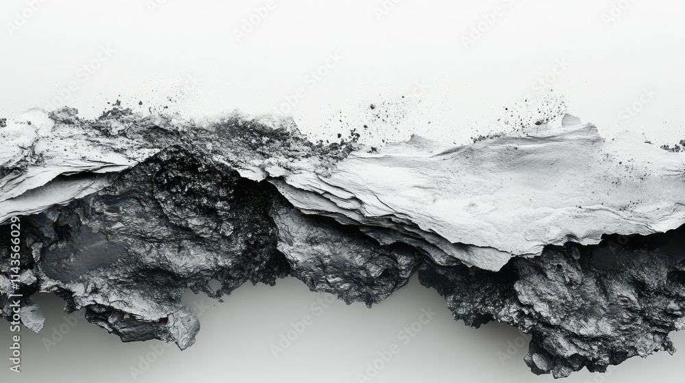 Poster volcanic ash particles elegantly display their intricate textures and unique forms against a stark w