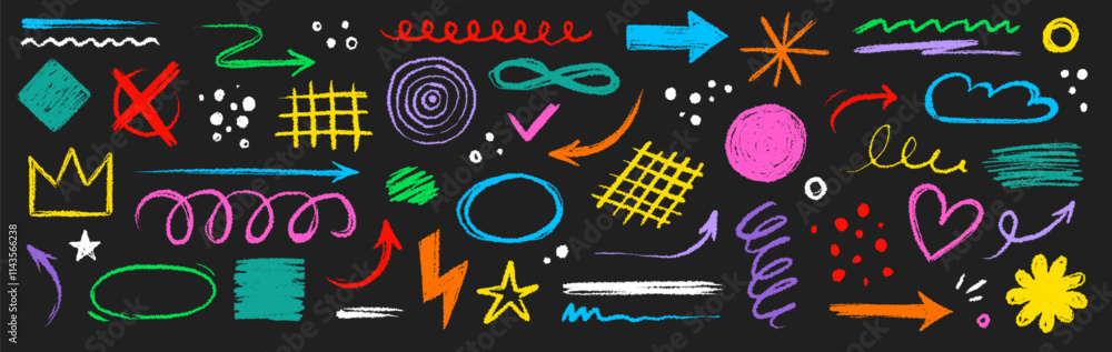 Poster Arrow brush line color paint element shape set. Crayon abstract doodle color circle, arrow sketch hand drawn. Texture crayon brush sketch style shape background. Vector illustration