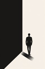 Obraz premium Businessman in Suit Walking Along Abstract Geometric Shapes