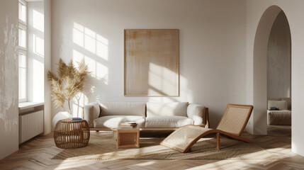 Light wooden frame mockup in a Scandinavian space, neutral background with soft light, minimalistic and warm