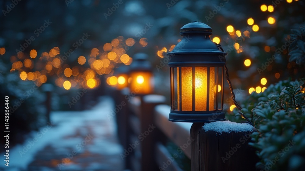 Poster illuminated lanterns line a snowy path at twilight, creating a magical winter scene.