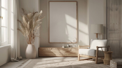 Light wooden frame mockup in a Scandinavian space, neutral background with soft light, minimalistic and warm