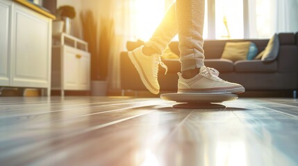 Person performing step exercise on wooden floor with focus on balance and movement, fitness and agility training concept.