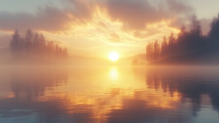 Naklejka premium Zoom Virtual Background: Serene sunrise over a misty lake with reflections. Peaceful nature scene. Sunshine Wallpaper