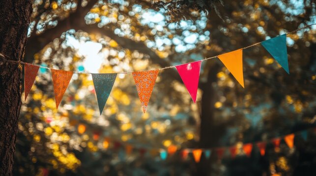 Banderole avec fanions color&Atilde;&copy;s suspendue dans les arbre pour une f&Atilde;&ordf;te