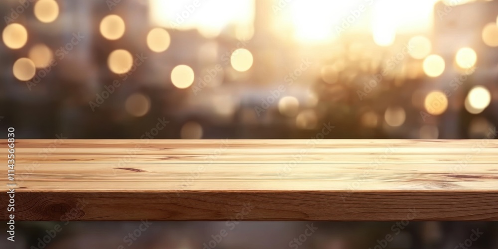 Poster the enchanting blend of an empty wooden table and a dreamy bokeh cityscape.