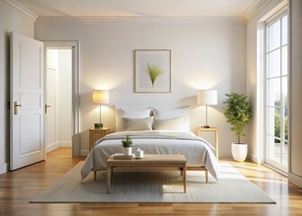 A bright white bedroom panorama: bed, nightstand, lamp, and an open door invite serenity.