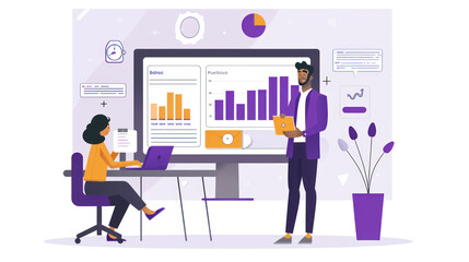 Marketer presenting persuasive pitch to clients, engaging visuals, professional tone