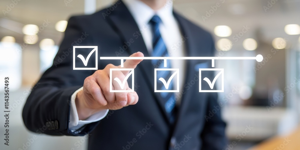 Poster businessman completes tasks on digital checklist flowchart