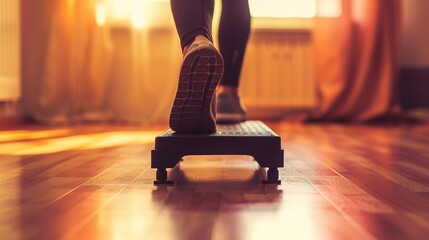Person performing step exercise on wooden floor with focus on balance and movement, fitness and agility training concept.