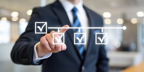 Businessman completes tasks on digital checklist flowchart