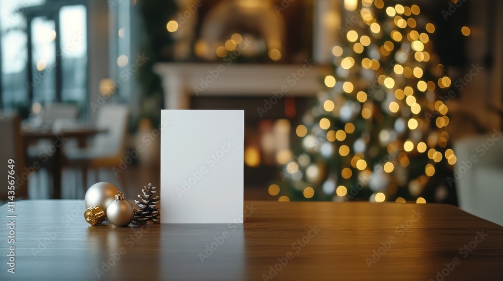 Poster blank white sheet of paper stands on the reception desk against the background with chrismas tree. b