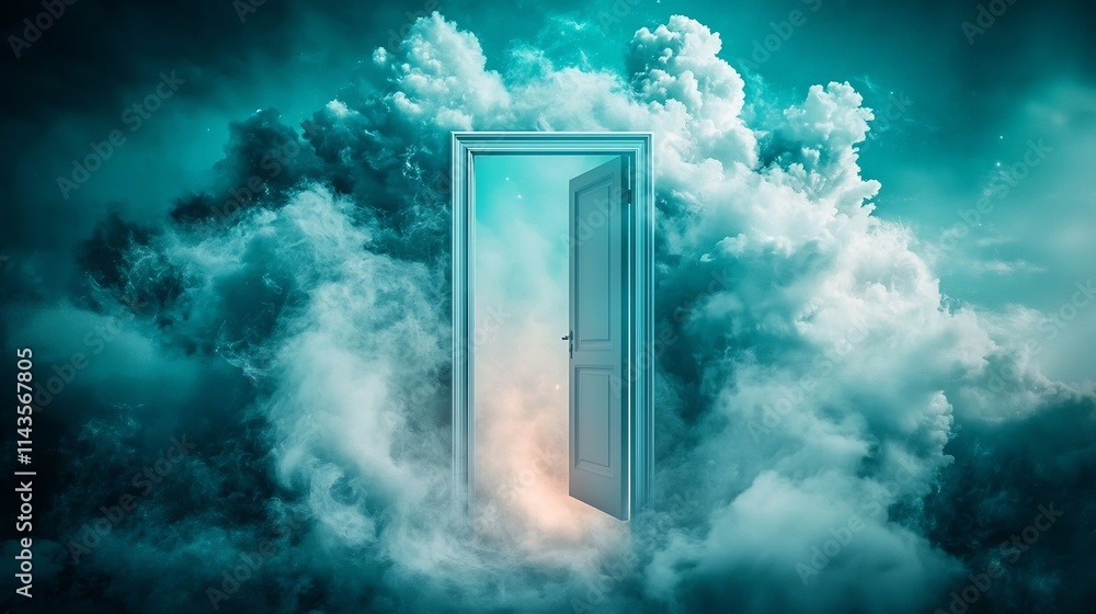 Aufkleber conceptual and surreal image of a floating open door in the sky with bright light spilling out symbo