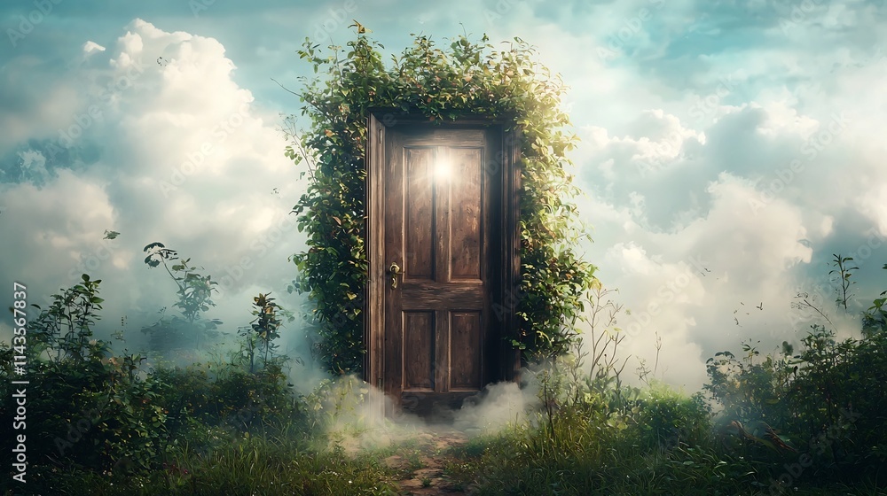 Poster a conceptual image of a door floating in the vast open sky its frame wide open and spilling forth a 
