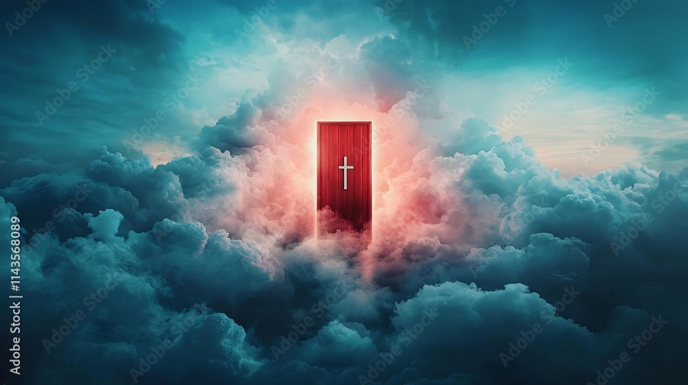 Aufkleber a conceptual image of a door floating in the sky wide open with bright light spilling out symbolizin