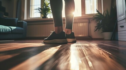 Person performing step exercise on wooden floor with focus on balance and movement, fitness and agility training concept.