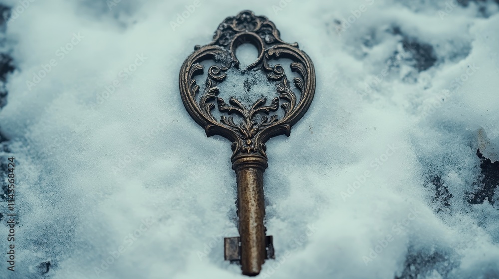 Poster an aged key rests on a pristine white backdrop, highlighting its ornate design and sparking intrigue