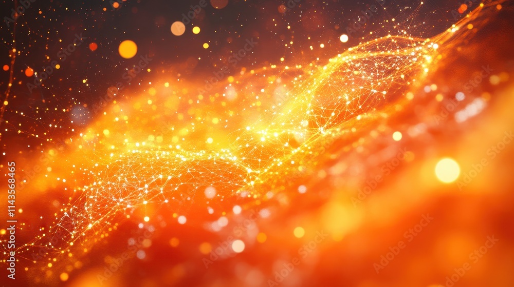 Poster abstract orange network structure. connected dots and lines. communication, technology. background.