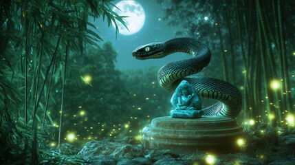 Fototapeta premium Zodiac symbolism enchanted forest digital art mystical atmosphere close-up serpent and statue