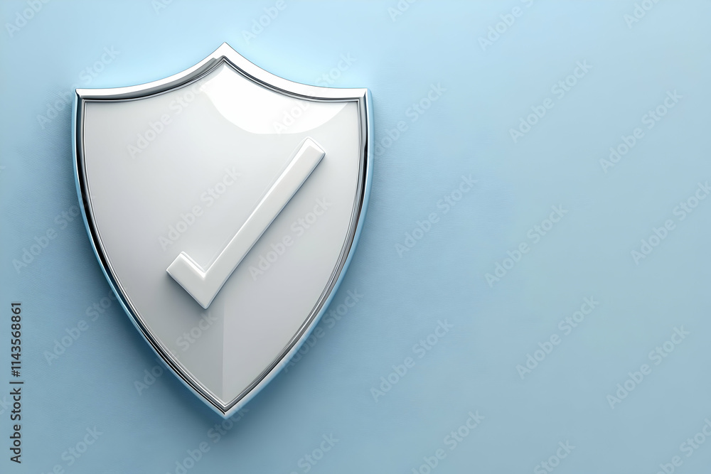 Poster 3d render of a white shield with a checkmark, symbolizing security and protection.