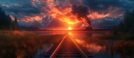 A train track leads to a stunning sunset over a mountain lake with a train in the distance.