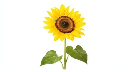 Obraz premium A vibrant sunflower with bright yellow petals and a brown center, standing upright with green leaves, symbolizing positivity and warmth.