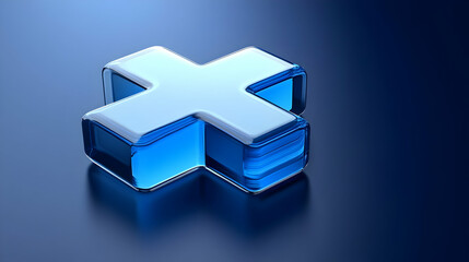 3D rendered glass plus symbol, blue, glowing.