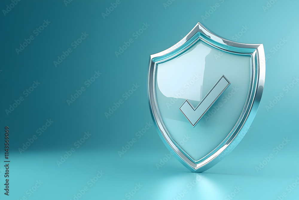 Poster 3d rendering of a shiny blue shield with a checkmark, symbolizing security and protection.