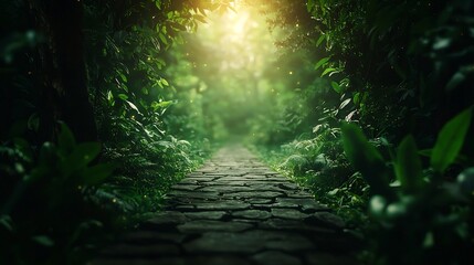 A symbolic path made of glowing light stretches through a lush verdant forest guiding the viewer towards a bright unknown future filled with potential and promise