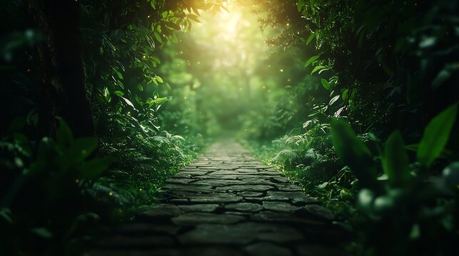 A symbolic path made of glowing light stretches through a lush verdant forest guiding the viewer towards a bright unknown future filled with potential and promise