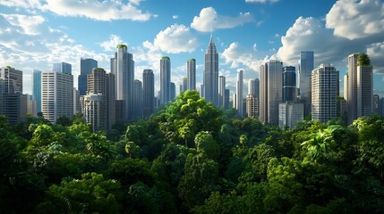 A surreal cityscape where traditional buildings are being replaced with tall glowing trees symbolizing a vision of harmony rebirth and a cleaner more sustainable world of the future