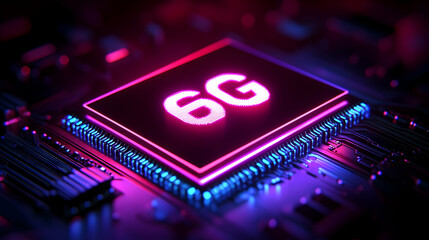 6G technology glowing on a circuit board.
