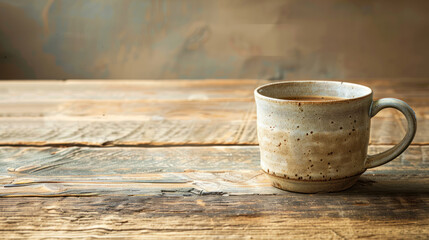 Mug on a textured wooden table, warm lighting and rustic details for a cozy feel