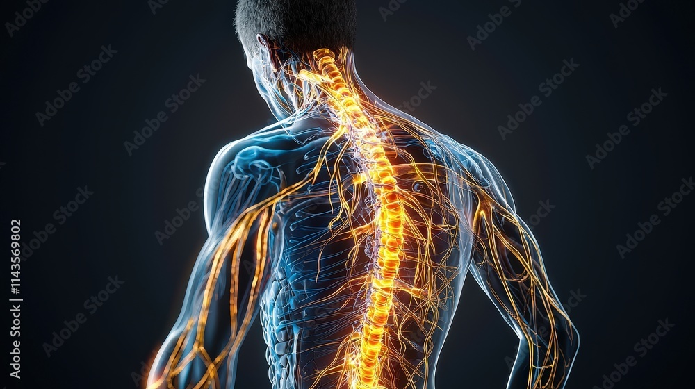 Poster illustrated nervous system with brain and spinal cord pathways highlighted