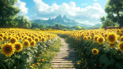 Fototapeta premium Sunflowers, stone path, mountains, idyllic, summer.
