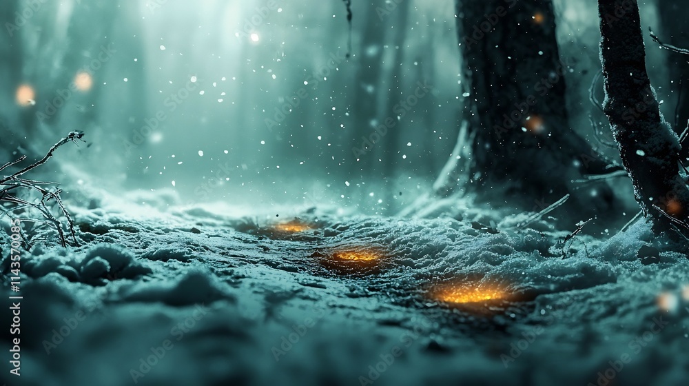 Poster a surreal and enchanting scene of glowing footsteps on an untouched snowy path leading the viewer in