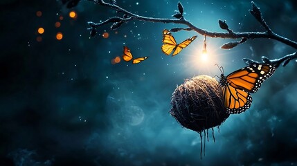 Symbolic image of a delicate cocoon hanging on a branch under the glowing light of the moon moments before a butterfly emerges to take flight and embrace its newfound freedom