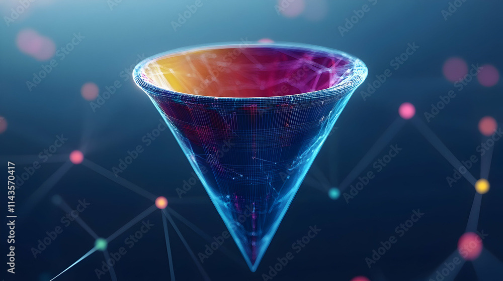 Poster abstract 3d rendering of a glowing cone with network connections.