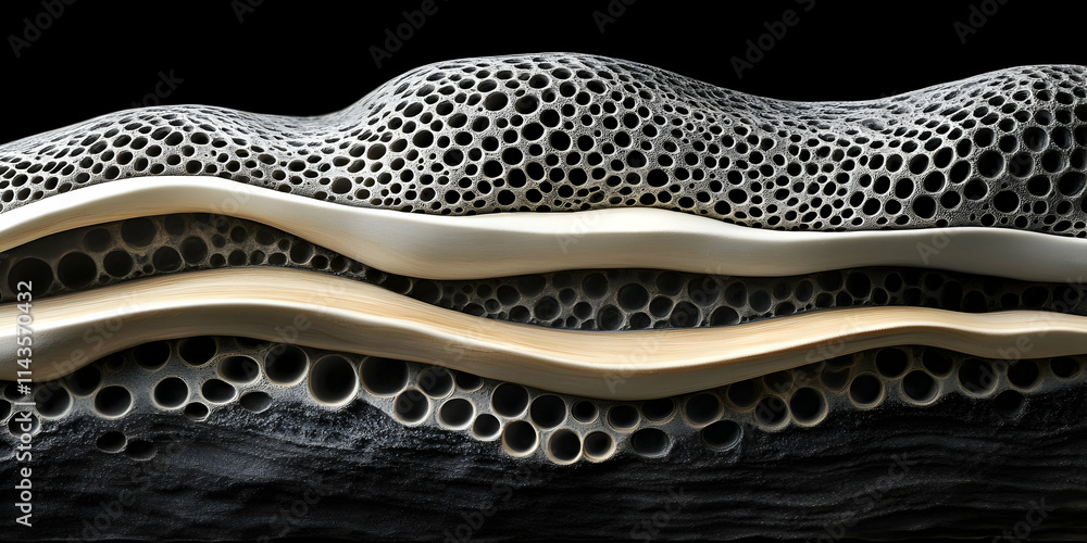 Poster abstract 3d textured surface with wavy layers and porous structure.