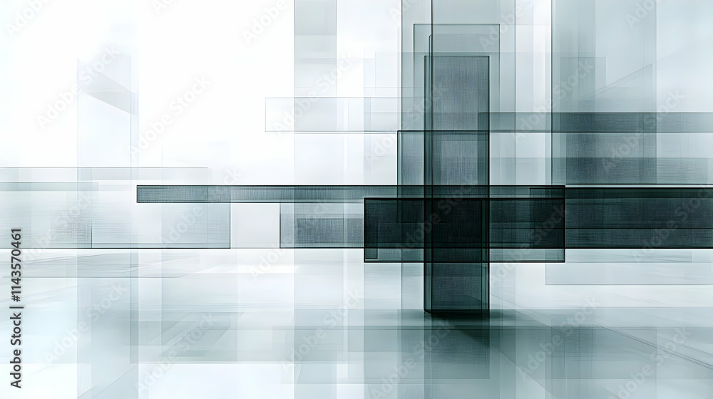 Poster abstract architectural rendering with translucent geometric shapes and reflective floor.