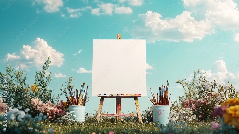 Poster A symbolic image of a blank canvas on an easel set in the middle of a bright open field ready to be painted with a new creative story and unleash the imagination