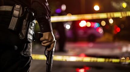 Tense police officer in uniform holding gun cautiously approaching crime scene with caution tape and emergency lights, serious and focused atmosphere.