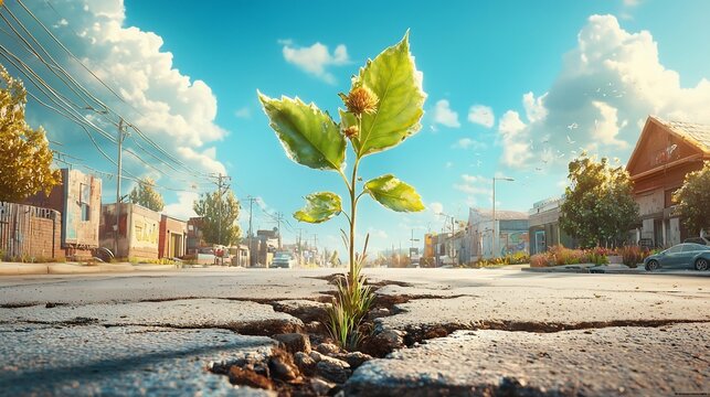 Surreal scene of giant leaves sprouting from cracks in an old abandoned road under a vivid blue sky   a powerful visual metaphor of nature s resilience reclaiming and renewing the urban landscape